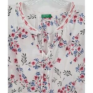 United Colors Of Benetton Size S White Floral Embroidered Collar 3/4 Sleeve Top